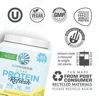 Sunwarrior Protein Water Mix Vegan Plant-Based Protein and Hydration Powder 10g Protein Drink Pineapple Coconut Flavored 420g Tub (30 SRV) Protein Refresh