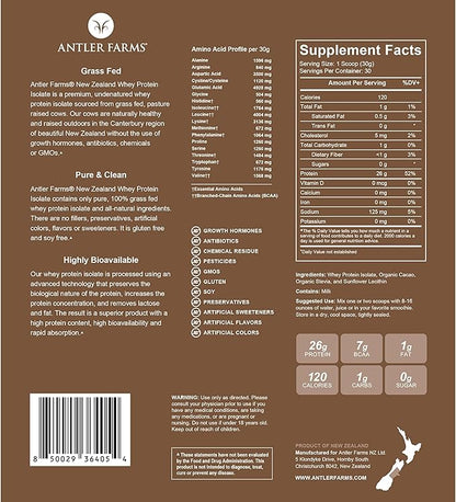 Antler Farms - 100% Grass Fed New Zealand Whey Protein Isolate, Chocolate Flavor, 2 lbs - Pure and Clean, 4 Ingredients, Delicious, Cold Processed
