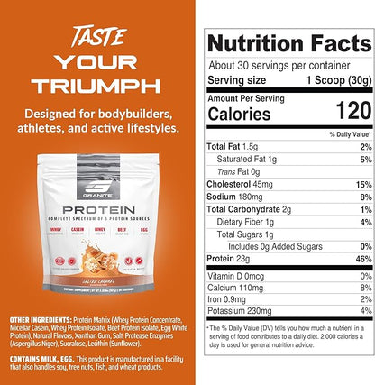 Granite Nutrition Protein Powder - Premium 5-Source Blend (Whey, Casein, Egg, Grass-Fed Beef) for Lean Muscle and Recovery - Salted Caramel Flavor, 30 Servings