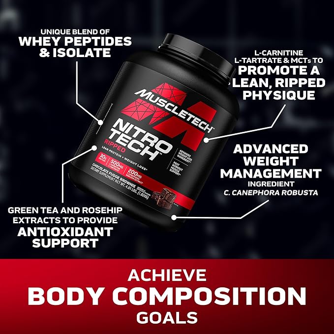 Muscletech Whey Protein Powder (Chocolate Fudge Brownie, 4LB) - Nitro-Tech Ripped Whey Protein Isolate & Peptides Smoothie Mix for Lean Muscle - 30g of Whey Protein for Women & Men, Packaging May Vary
