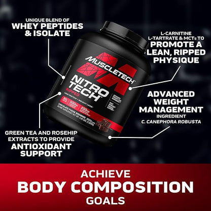 Muscletech Whey Protein Powder (Chocolate Fudge Brownie, 4LB) - Nitro-Tech Ripped Whey Protein Isolate & Peptides Smoothie Mix for Lean Muscle - 30g of Whey Protein for Women & Men, Packaging May Vary