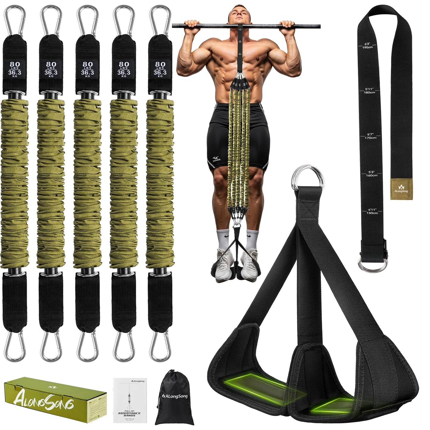 ALongSong Pull Up Assistance Bands with Foot Support Pedal Upgraded Heavy Duty Resistance Bands