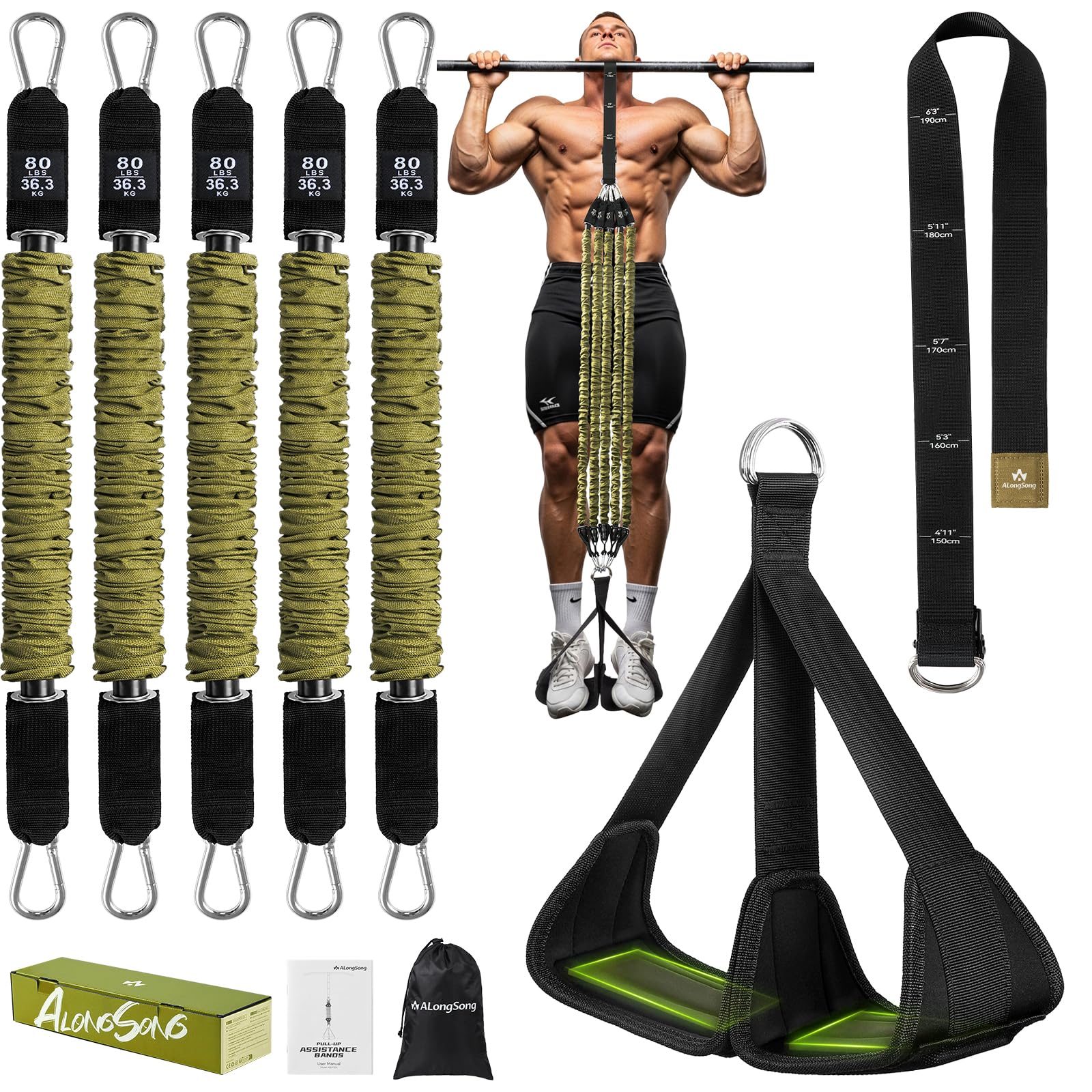 ALongSong Pull Up Assistance Bands with Foot Support Pedal Upgraded Heavy Duty Resistance Bands