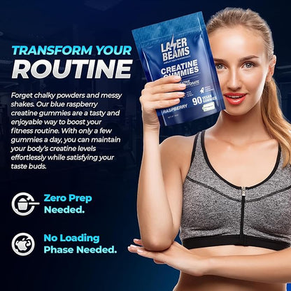 Creatine Monohydrate Gummies for Women & Men- 5g Creapure Creatine per Serving - Vegan, Blue Raspberry Flavor - Boost Muscle Strength, Endurance, Recovery & Mental Focus (90 Gummies)