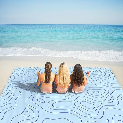110''×118'' Beach Blanket for 2-8 Adults, Polyester Waterproof Sandproof Beach Mat with 4 Stakes & Storage Bag, Oversized Compact Foldable Blue Outdoor Pocket Blanket for Picnic, Travel, Camping
