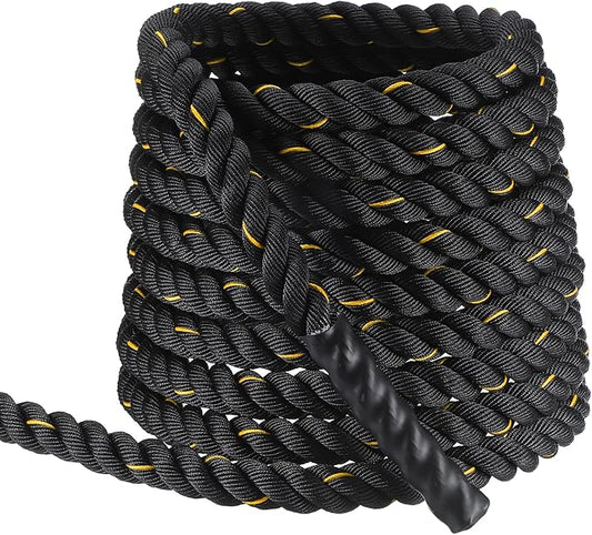 MECCANIXITY Battle Rope 40ft x 1.5 Inch Polyester Workout Rope Heavy Fitness Exercise Rope for Strength Training Home Gym Muscle Building, Black Yellow