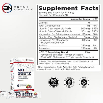 N.O. Beetz Nitric Oxide Fueled Energy Boost Supplement, Hydration & Cellular Energy Production Enhancer, Blend of Vitamins and Minerals (30 Servings)
