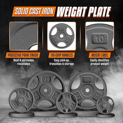 Yes4All Standard 1-Inch Grip Weight Plates, Cast Iron with Multiple Sizes from 2.5 lb to 35 lb for Strength Training, Weightlifting & Muscle Toning