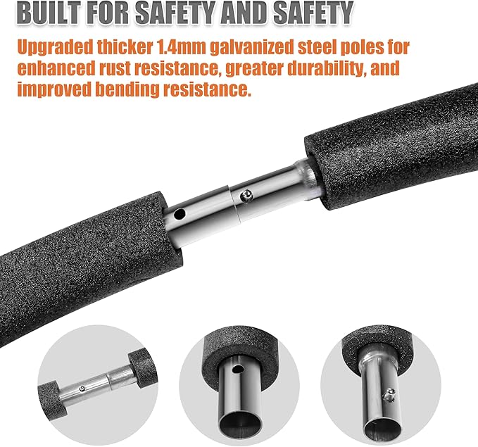 6PCS Trampoline Curved Poles, Universal Trampoline Replacement Enclosure Pole Fits for 8-16FT Curved Trampoline Frame, Galvanized Trampoline Replacement Parts with Foam Cover, T Connector & Hardware