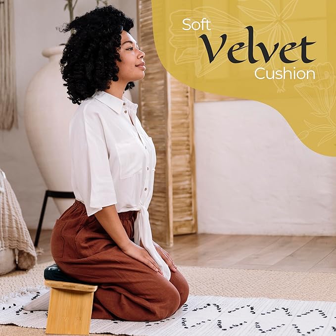 Bamboo Meditation Bench with Cushion - Foldable Bench for Multiple Seating Angles - Kneeling Chair Meditation Stool - Yoga Chair Prayer Bench for Deeper and Longer Meditation - Black