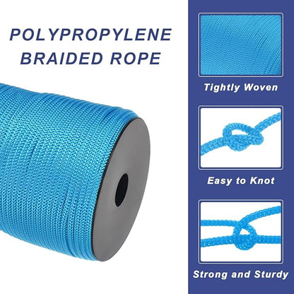 MECCANIXITY 5/32 Inch Polypropylene Rope Braided Ropes, 328ft Camping Rope Hollow Utility Cord for Clothesline, Hiking, Outdoor, Lake Blue