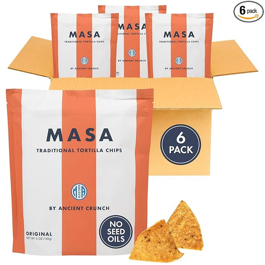 MASA CHIPS - Tortilla Chips Snack Pack - Seed Oil Free, Naturally Grown Corn Chips - Low Carb Snacks - Made with Grass Fed Tallow & Sea Salt - 6 Pack, 5 Ounce Each