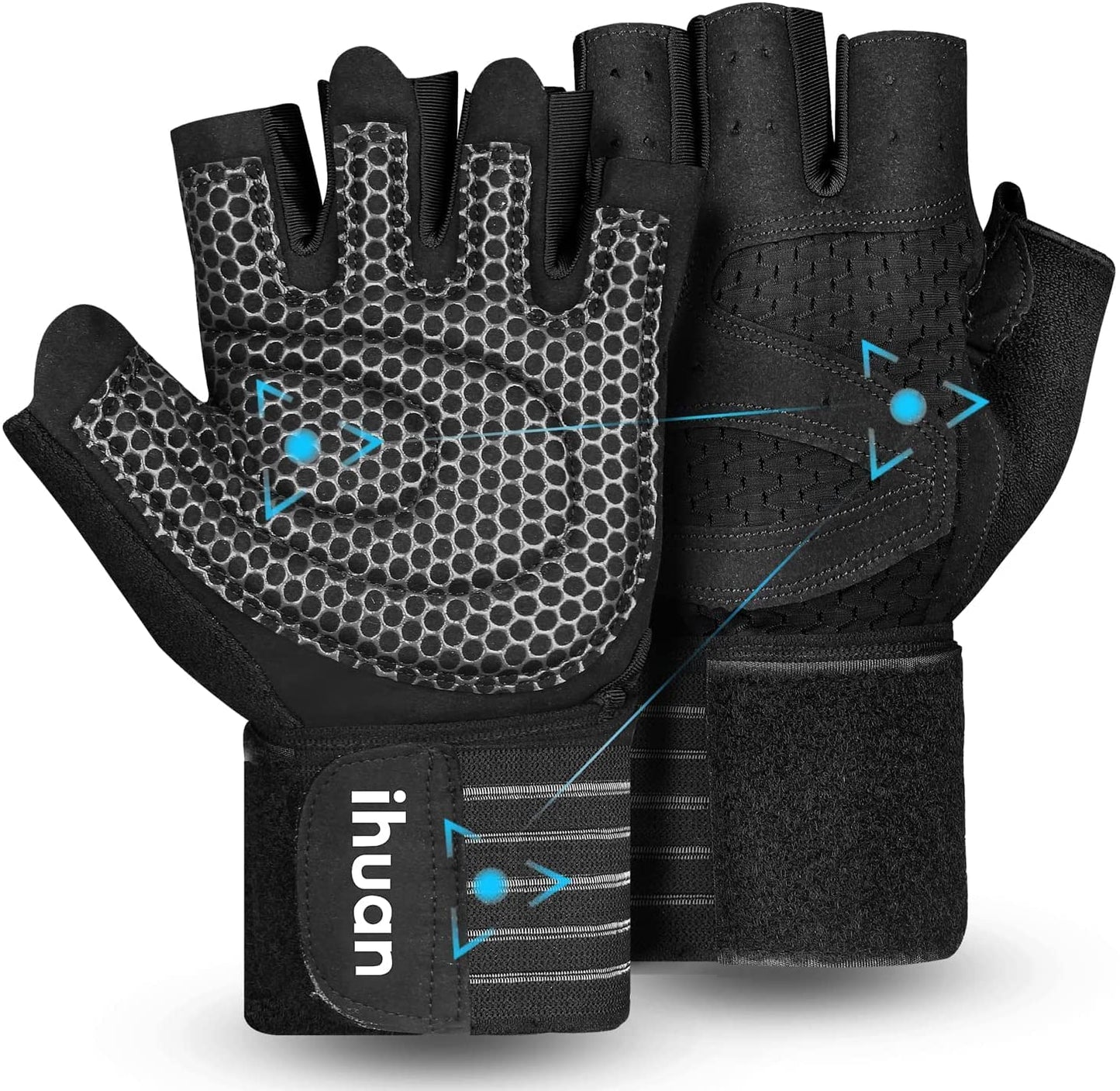 ihuan Ventilated Weight Lifting Gym Workout Gloves with Wrist Wrap Support for Men & Women, Full