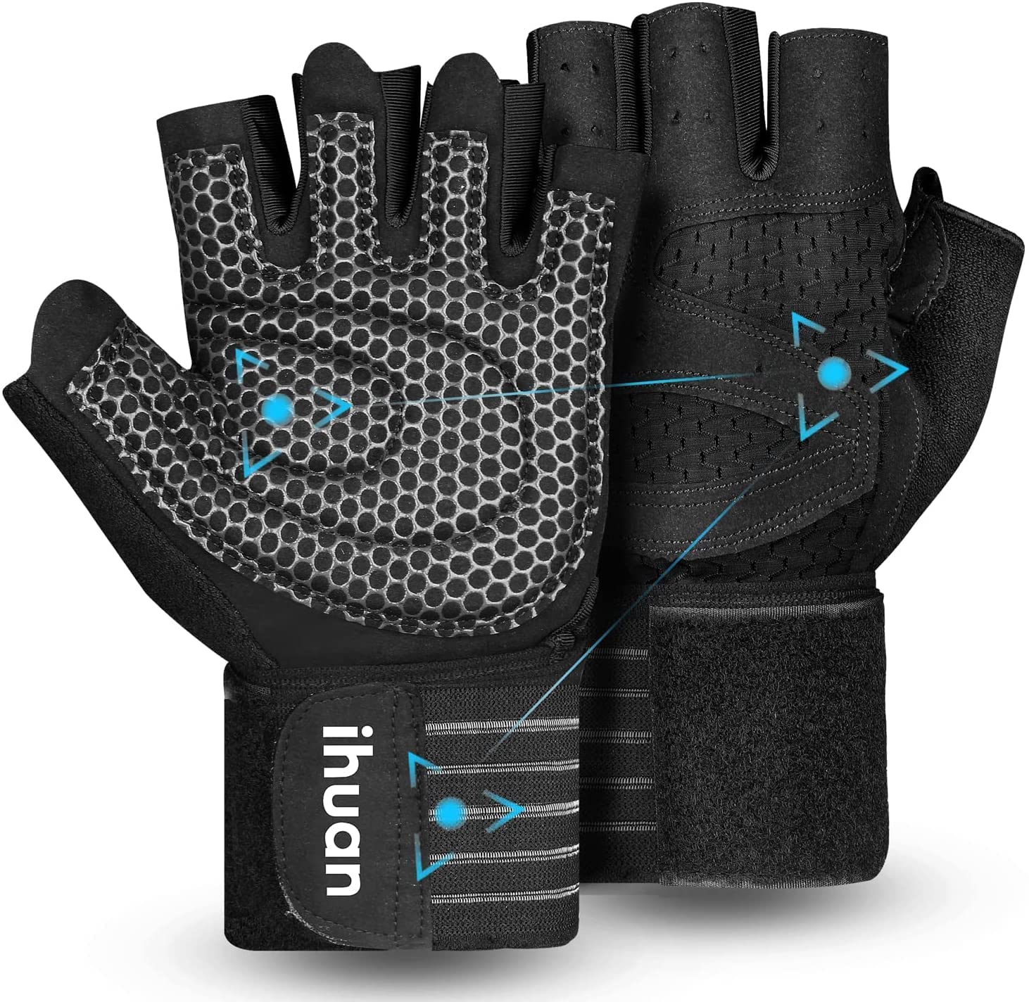 ihuan Ventilated Weight Lifting Gym Workout Gloves with Wrist Wrap Support for Men & Women, Full