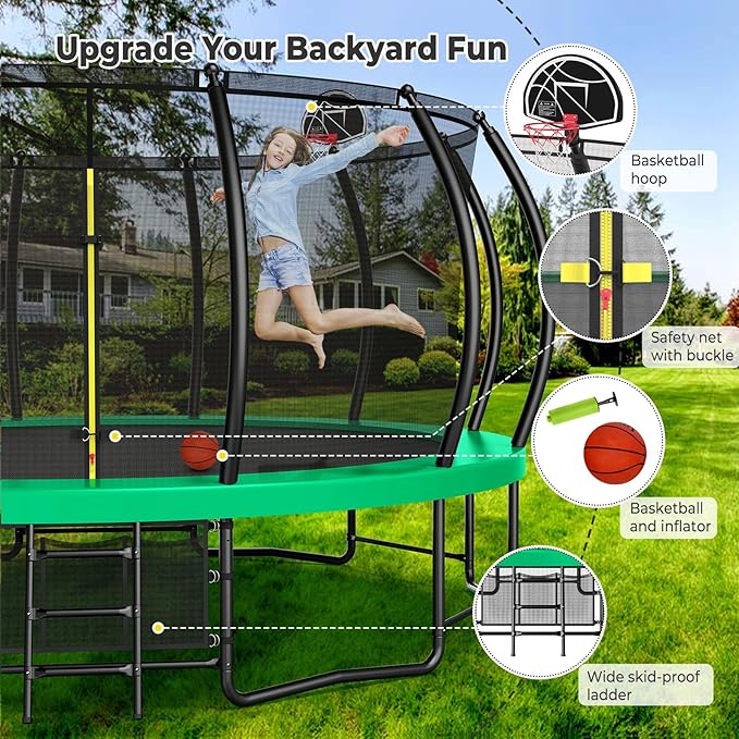 12 14 15 16FT Trampoline Outdoor with Basketball Hoop, Trampoline with Lights for Kids and Adults, Recreational Trampolin with Sprinkler, Stakes