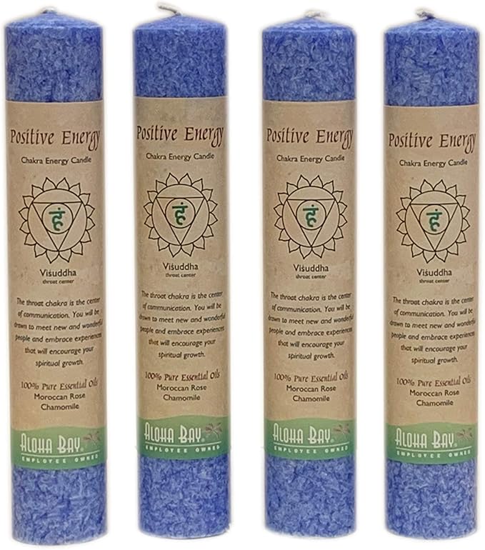 Premium Scented Candle Hand Made Chakra Energy Pillar | 4-Pack | Positive Energy, Visuddha| Yoga, Prayer & Meditation Candle | Long Burn 15 Hours | Essential Oils Moroccan Rose & Chamomile | Aloha Bay