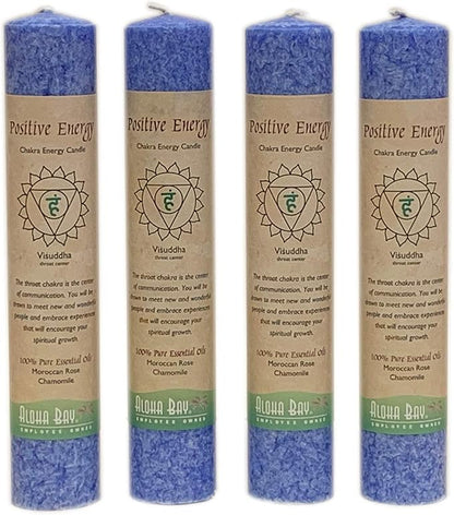 Premium Scented Candle Hand Made Chakra Energy Pillar | 4-Pack | Positive Energy, Visuddha| Yoga, Prayer & Meditation Candle | Long Burn 15 Hours | Essential Oils Moroccan Rose & Chamomile | Aloha Bay