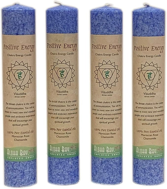 Premium Scented Candle Hand Made Chakra Energy Pillar | 4-Pack | Positive Energy, Visuddha| Yoga, Prayer & Meditation Candle | Long Burn 15 Hours | Essential Oils Moroccan Rose & Chamomile | Aloha Bay