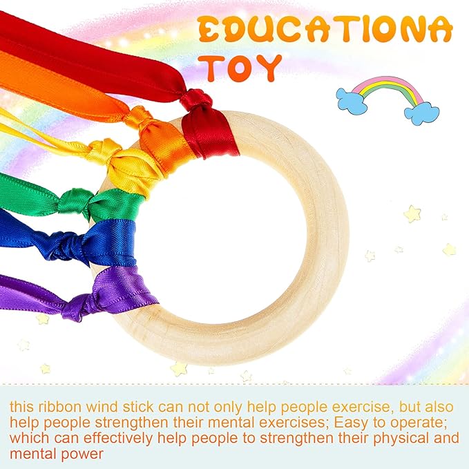12 Pcs Rainbow Ribbon Wooden Waldorf Toys Creative Waldorf Hand Kite Set Streamers with Wood Ring Sensory Learning Educational Toy for Playroom Dancing Birthday (Vibrant Color)