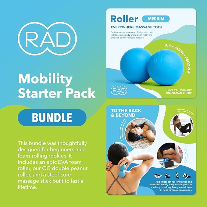 RAD Mobility Starter Pack for Myofascial Release, Muscle Recovery, and Tension Relief ??Includes Exercise Foam Roller, Peanut Massage Ball, and Massage Stick