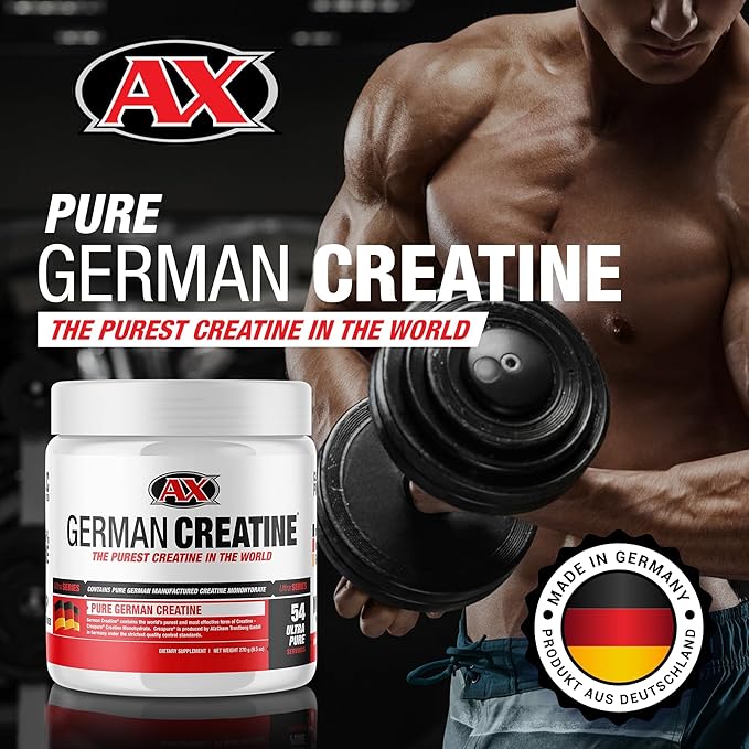 German Creatine - Micronized Creatine Monohydrate Powder, 99.99% Pure Creapure for Muscle Growth, Strength & Performance, Supports Muscle Recovery, 3rd Party Tested, Unflavored - 270g (54 Servings)