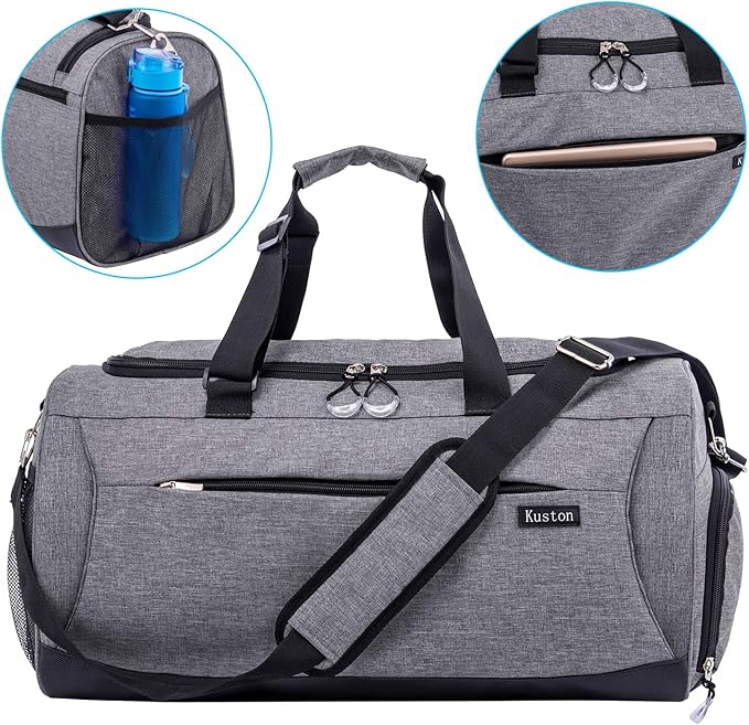 Kuston Sports Gym Bag with Shoes Compartment &Wet Pocket Gym Duffel Bag Overnight Bag for Men and Women