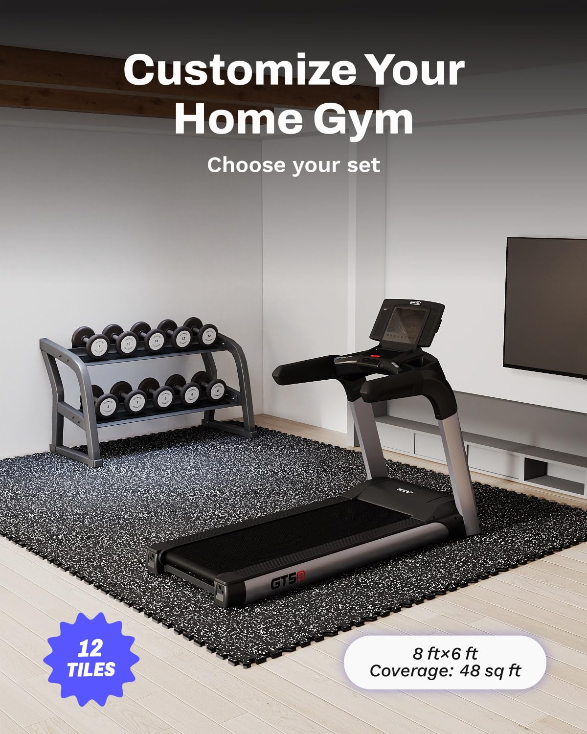 AIRHOP 0.79in Thick 48 Sq Ft Exercise Equipment Mats, 12 Tiles Upgraded Rubber Top with High