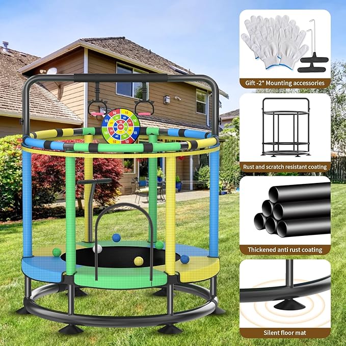 Trampoline for Kids, Full Anti-Rust 440lbs Anti-Rollover Round Bottom Toddler Trampoline, T-handrail Adjustable Baby Toddler Trampolines Dart Board