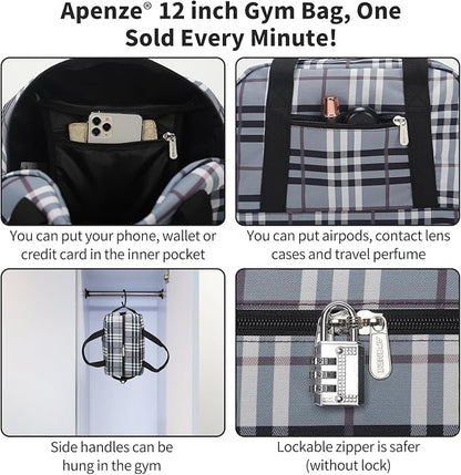 Small Gym Bag Carry On Bag - 12 in Mini Duffle Bag Lightweight for Overnight Travel(Gray white plaid)
