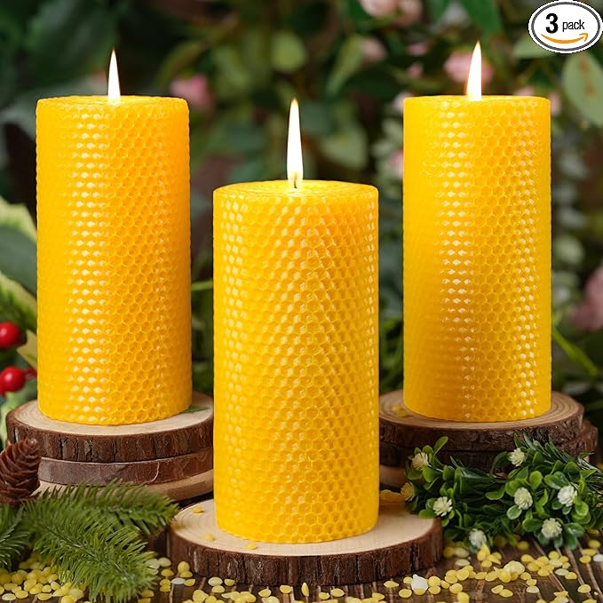 3 Pack Natural Beeswax Pillar Candles,2.8x6in Handmade Beeswax Rolled Candles,129 Hours Long Burning Honeycomb Bees Wax Candle for Gift & Home Decor,Dripless Smokeless Unscented
