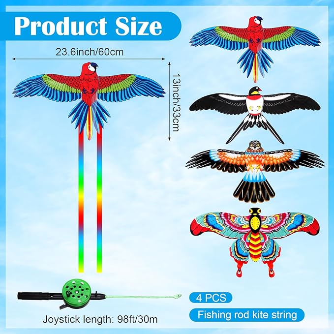 4Pcs Large Fishing Rod Kite for Kid Adults 23.62 Inch Vivid Swallow Parrot Phoenix Butterfly Kite Bulk, Easy to Fly, Kites for Adults Family in Spring Outdoor Beach Team Building