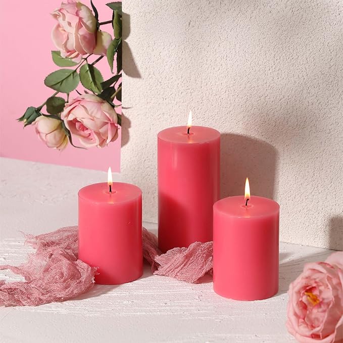 3x6 Inch Pink Pillar Candles Set of 3 - Decorative Unscented Pillar Candle, Long Burning Dripless Candle for Table Decor, Smokeless Large Pillar Candles for Wedding Table Decor