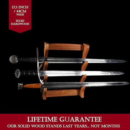 Mythrojan Solid Wood Sword Stand Medieval Sword Wall Mount Samurai Sword Display Stand Katana Sword Holder Gladiator Sword Wall Display Crusader Sword Stand Knife Stand for Display - Three Tier Stand
