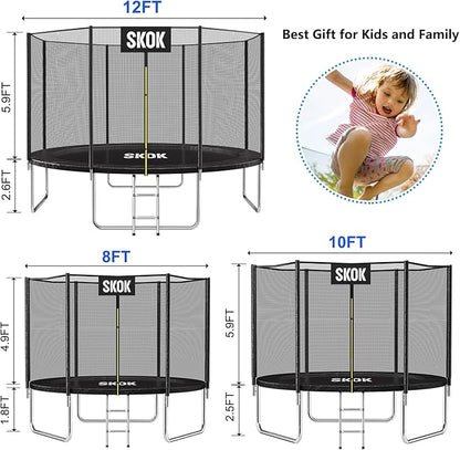 SKOK Trampoline 8FT 10FT 12FT 14FT 15FT Trampolines with Enclosure Net, 400LBS Outdoor Trampolines for Kids with Basketball Hoop-ASTM Approved Trampoline for Children and Adults with Ladder