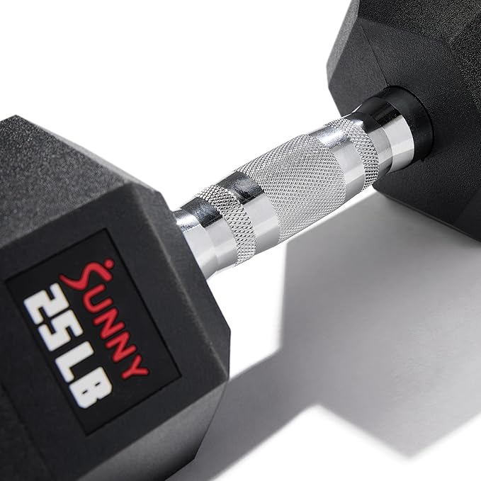 Sunny Health & Fitness Hex Style Dumbbell 5 LBS TO 50 LBS Chrome Handles, Hand Weight for Strength Training, Home Gym, Exercise, Workout Equipment Multiple Size Options