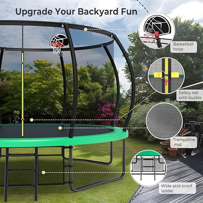 12 14 15 16FT Outdoor Trampolines for Kids and Adults, Pumpkin Trampolin with Curved Poles, Recreational Trampolin with Basketball Hoop and Safety Enclosure Net for Kids and Adults