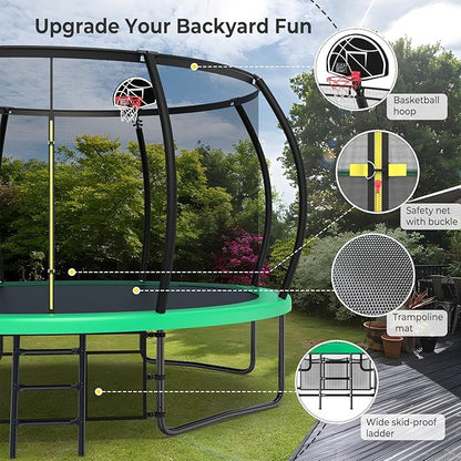 12 14 15 16FT Outdoor Trampolines for Kids and Adults, Pumpkin Trampolin with Curved Poles, Recreational Trampolin with Basketball Hoop and Safety Enclosure Net for Kids and Adults