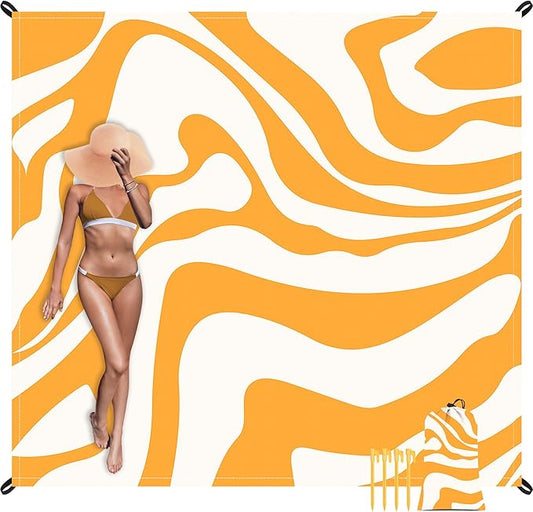 Yellow Beach Blanket, Sand Free Waterproof Outdoor Beach Mat with 4 Stakes & Pockets, 78''×86''