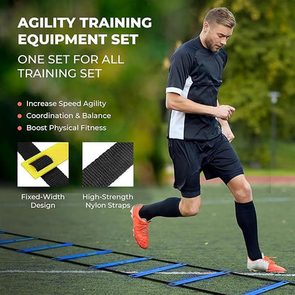Agility Ladder Speed Training Equipment Set-2x 20ft Agility Ladder,12 Soccer Cones,4 Adjustable Hurdles, Jump Rope, Running Parachute| Basketball Football Soccer Training Equipment for Kids Adults