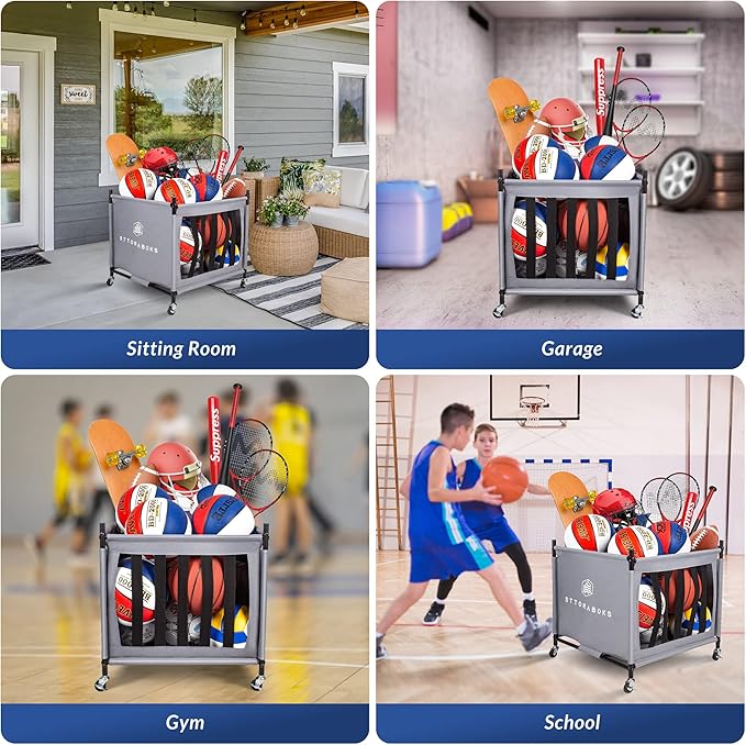 Sports Ball Storage Cart with Wheels, Lockable Ball Organizer Basket with Elastic Straps, Stackable Ball Cage for Garage Storage, Gym, Sports Equipment Storage Oxford Bin, Ball Case