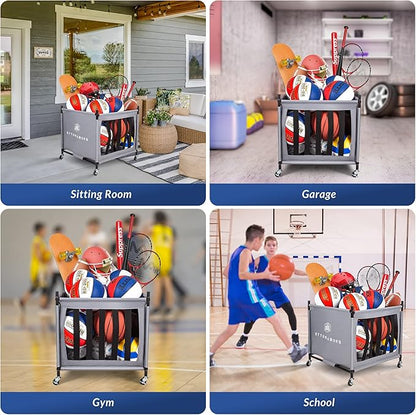 Sports Ball Storage Cart with Wheels, Lockable Ball Organizer Basket with Elastic Straps, Stackable Ball Cage for Garage Storage, Gym, Sports Equipment Storage Oxford Bin, Ball Case