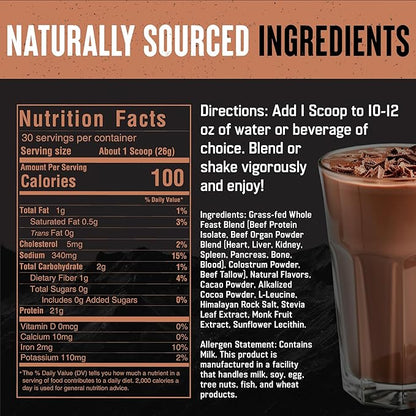 The Fittest Whole Feast Beef Protein Powder - Milk Chocolate - Grass Fed Nose to Tail Carnivore Blend Including Liver, Colostrum and Whole Bone - BCAAs - 14g Collagen, 21g Total Protein