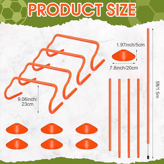Agility Training Equipment Soccer Speed Training Includes 4 Adjustable Soccer Agility Poles 4 Agility Hurdles 6 Soccer Cones for Youth Adults Athletes Football Soccer Training