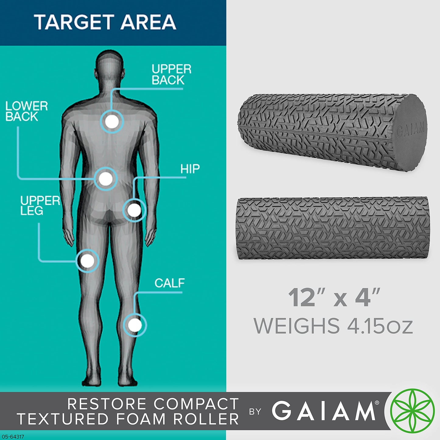 Gaiam Restore Compact Textured Foam Roller, 12", Muscle Recovery