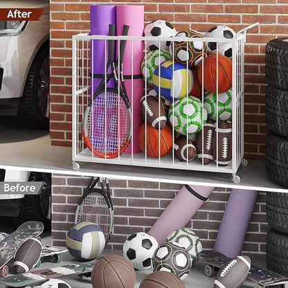Ball Storage Bin Rolling Sports Ball Cart, Metal Garage Organizer Sport Rack, Ball Basket Storage, Ball Cage for Garage or Gym, Indoor & Outdoor Sports Equipment Organizer