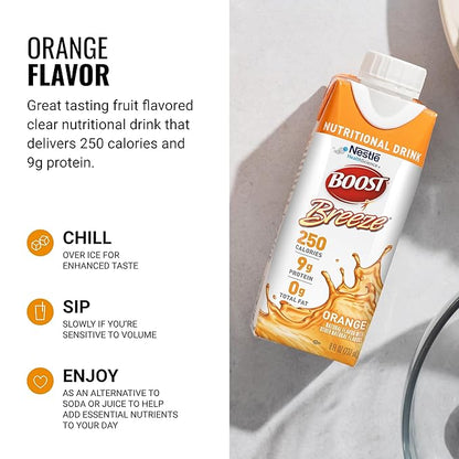 BOOST Breeze Clear Nutritional Drink - 250 Calories - 19 Vitamins & Minerals - 9 g Protein ??Fortified Clear Nutritional Drink with Vitamin A & Zinc - Orange Flavor - 8 fl oz (Pack of 24)