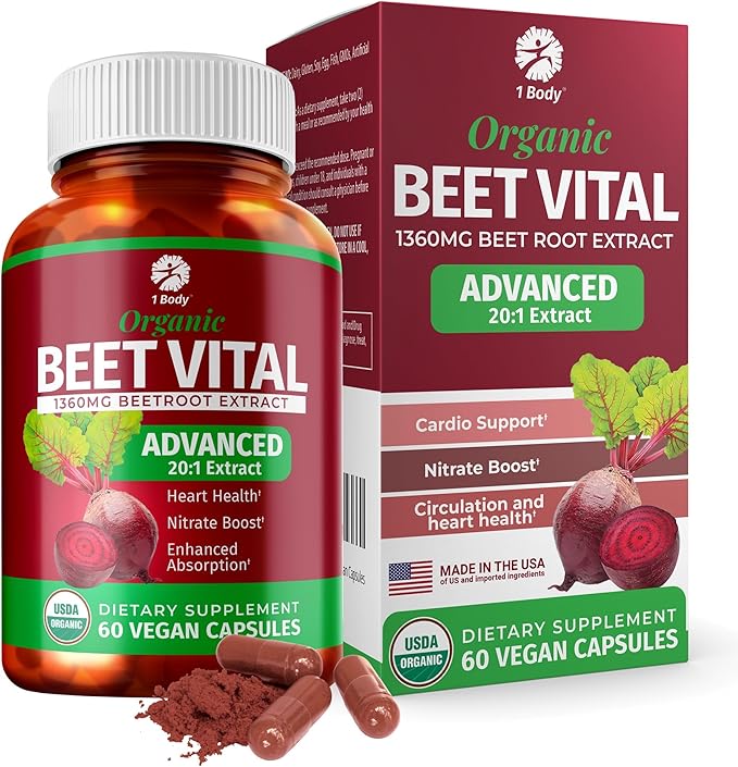 1 Body Beet Vital, Organic Beetroot Supplements for Circulation, Energy, & Stamina, Nitric Oxide Booster Beets Supplements with 1360mg Beetroot Extract, Vegan, Non-GMO, 60 Organic Beet Root Capsules