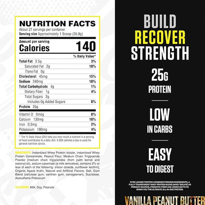 RYSE Loaded Protein Powder - Vanilla Peanut Butter - 25g Whey Protein Isolate & Concentrate with Prebiotic Fiber & MCTs - Low Carb, Low Sugar, Digestive-Friendly - 27 Servings / 2 lb Tub