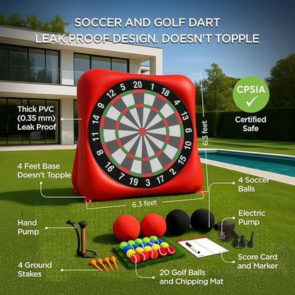 Inflatable Soccer Dart Board and Golf Darts Giant Kick Target Yard Game for Adults Kids Outdoor Backyard Parties with 4 Soccer Balls 20 Golf Balls Chipping Mat Pumps Scorecard Red Color 6.3 Feet
