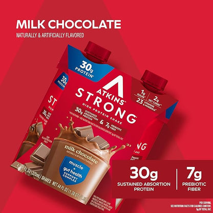 Atkins Strong High Protein Shake, Milk Chocolate Flavored, 30g Protein, Low Carb and Low Sugar Shake, Keto Friendly, Gluten Free, Muscle and Gut Health Support Complex, 12 Count